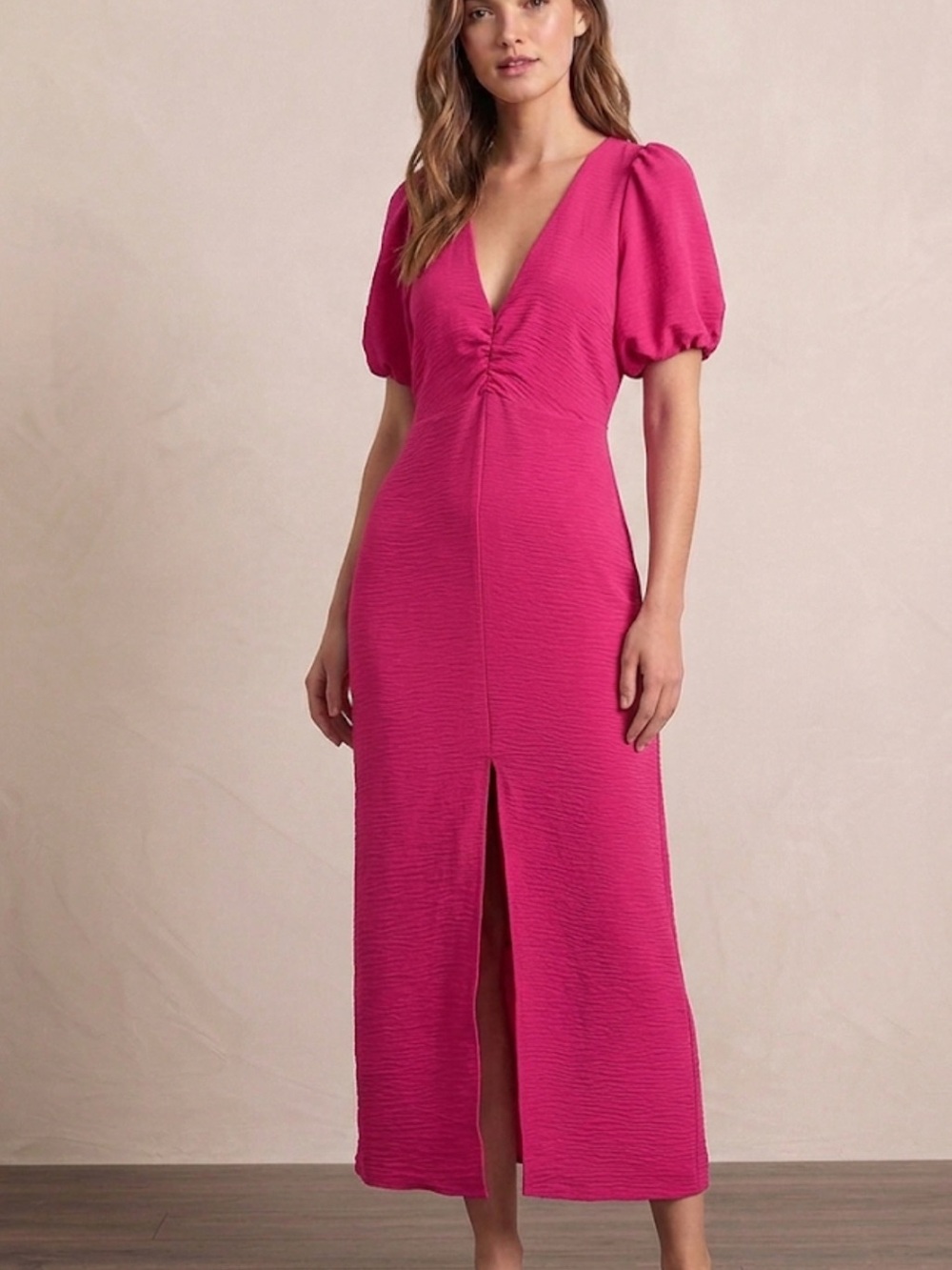Zara Bright Fuchsia Puff-Sleeve Midi Dress
